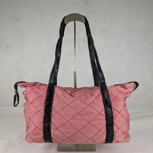 Authentic PRADA triangle logo plate Logo Quilted Bicolor Shoulder Bag Tote Bag